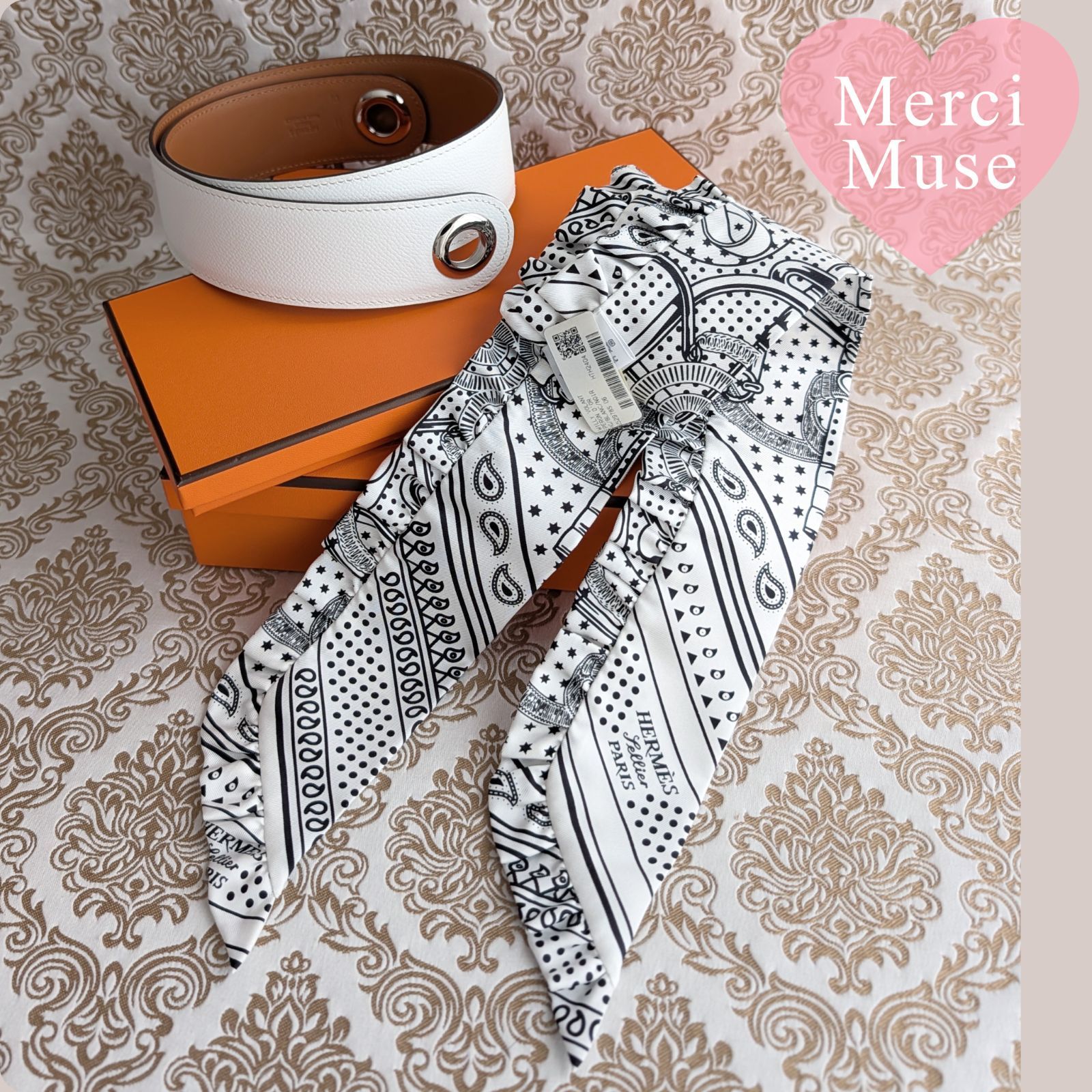 ❤未使用品❤エプロンドールツイリー＆ベルトセット ホワイト＆ホワイトｘシルバー金具 フリルスカーフ エルメス MerciMuse メルシーミューズ