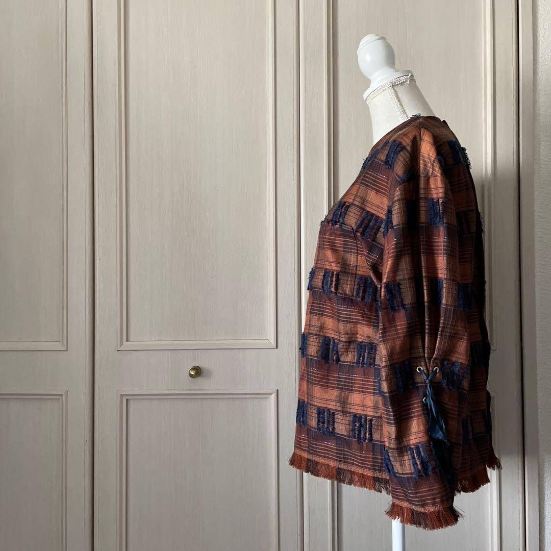 37） ポンティ PONTI 立体 刺繍 チェック ブラウス シャツ トップス 