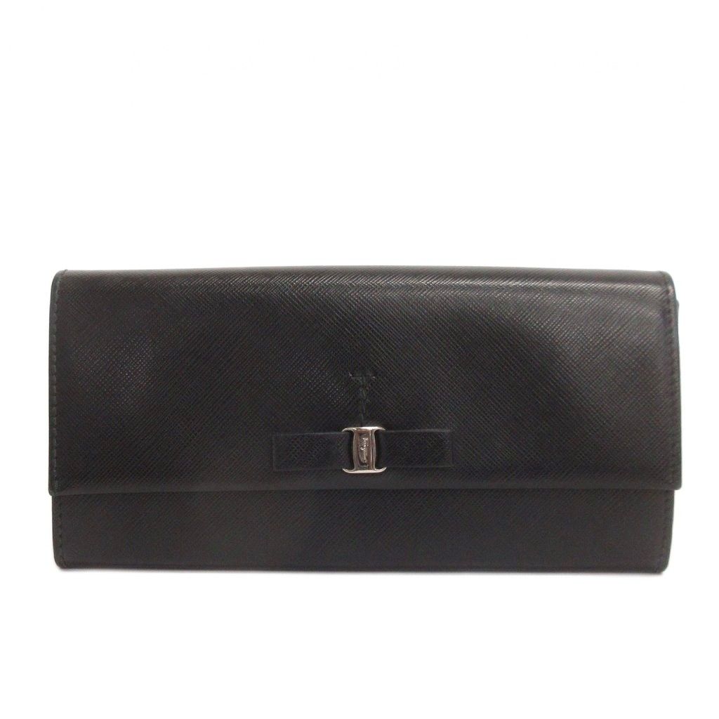 サルヴァトーレフェラガモ Salvatore Ferragamo ヴァラリボン 長財布 フラップ レザー 黒 ブラック ウォレット