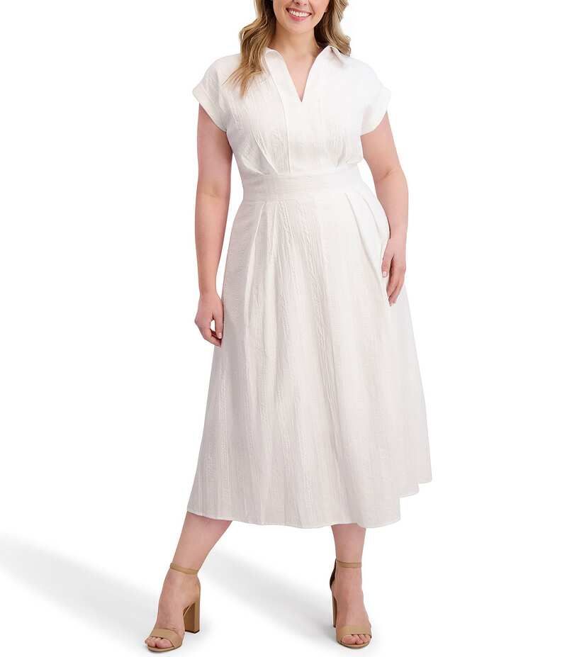 ケンジー レディース トップス ワンピース A ライン ミディワンピース プラスサイズ ミディ Kensie Plus Size Striped Woven Collared VNeckline Short Sleeve ALine Midi Dress Wh