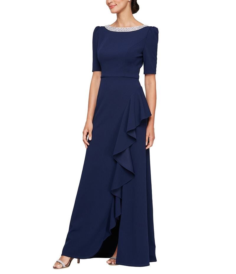アレックスイブニングス レディース トップス ワンピース クレープ A ライン プチ フリル Alex Evenings Petite Size Crepe Embellish Boat Neck 34 Sleeves Ruffle Cascade ALine