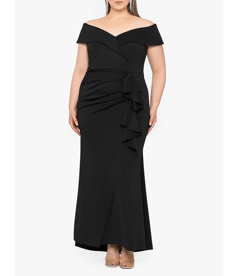 エスケープ レディース トップス ワンピース クレープ プラスサイズ フリル スキューバ ノースリーブ Xscape Plus Size Sleeveless Sweetheart Neck Cascade Ruffled Long Scuba Crepe D