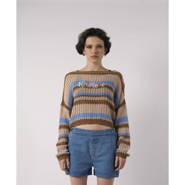 キッカーズ レディース アウター ニット・セーター クルーネック コットン Kickers Womens Loose Striped Cotton Knit Boat Neck Crew Neck Jumper Ecru エクリュ