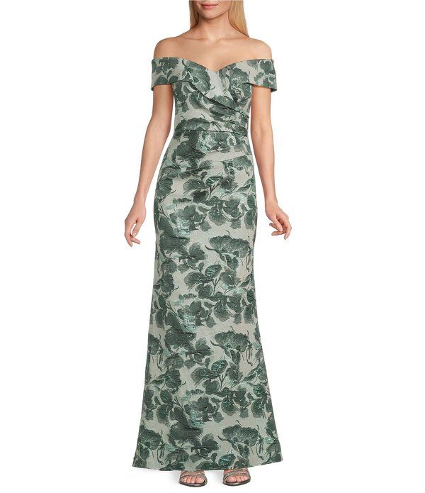 アレックスイブニングス レディース トップス ワンピース フラワー柄 プリントール フラワー Alex Evenings Floral Metallic Print Jacquard Off The Shoulder Gown Sage セージ