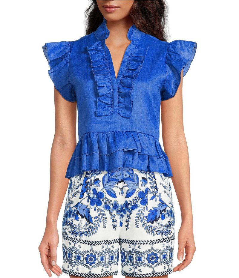 エーラブズエー レディース トップス シャツ Vネック フリル クロップド キャップ ブラウス A Loves A Woven Ruffle Collar Split VNeck Flutter Cap Sleeve Cropped Blouse Cobalt