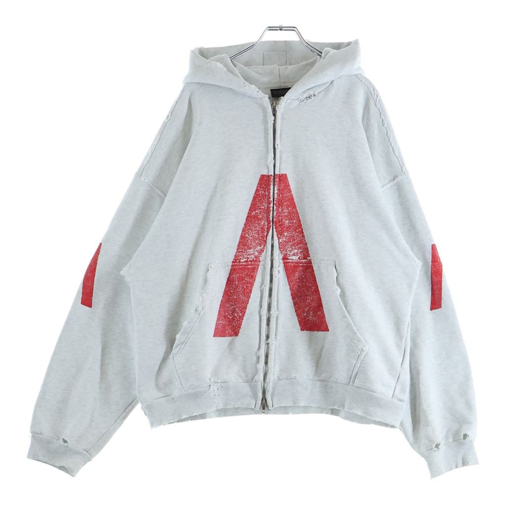 BALENCIAGA (バレンシアガ) 24SS Music Archive Series Connected Zip Up Hoodie ミュージック アーカイブロゴ ダメージ加工 ジップアップパーカー フーディー グレー 744457 TQVA6