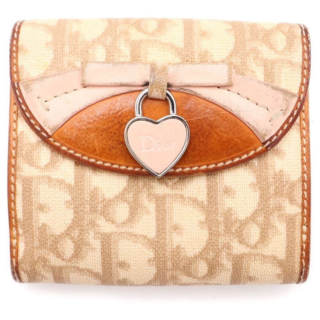 DIOR (ディオール) ガウチョ・コンパクトウォレット 二つ折り財布 コインケース ブラウン×ピンク キャンバス×レザー シルバー金具