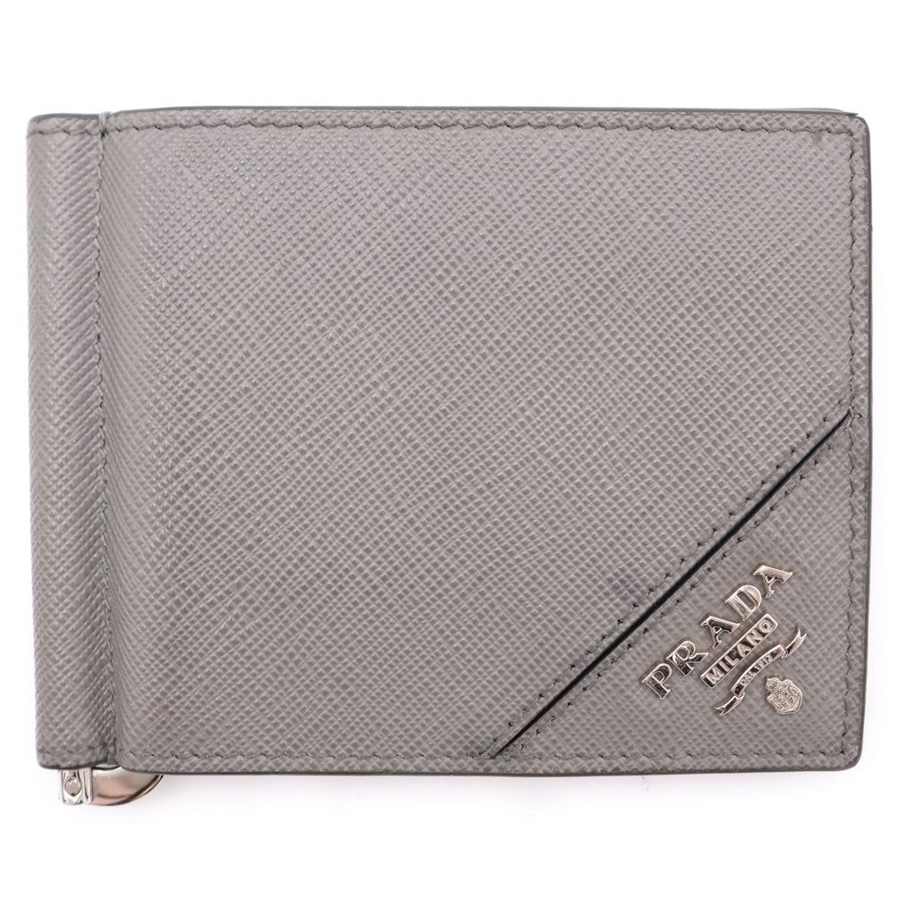 PRADA (プラダ) サフィアーノ レザー マネークリップ コンパクトウォレット 二つ折り 財布 シルバー金具 グレー 2MN077
