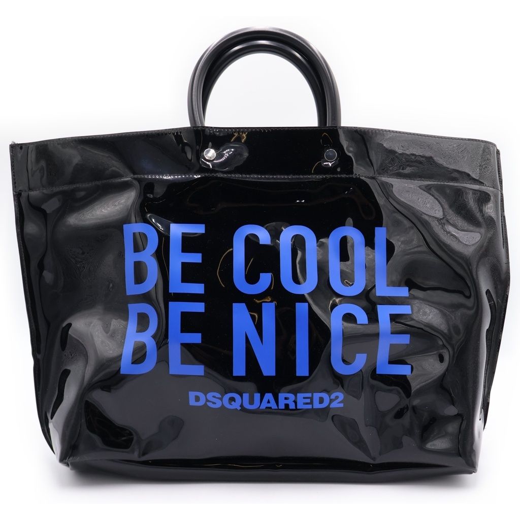 DSQUARED2 (ディースクエアード) BE COOL BE NICE プリントデザイン エナメル トートバッグ ブラック