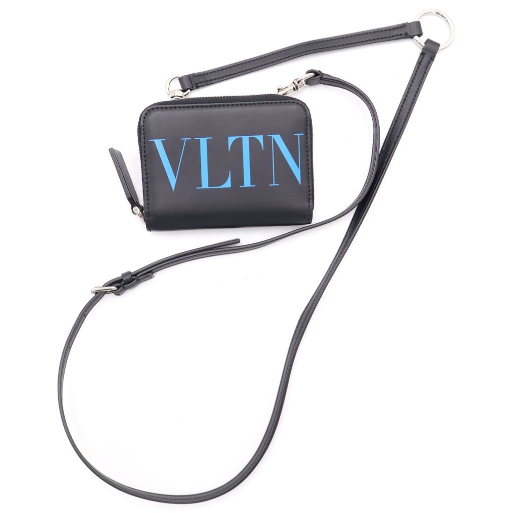 VALENTINO (ヴァレンティノ) VLTN フルオ レザー ロゴデザイン ラウンドジップ コンパクト ウォレット 財布 ブラック/ブルー TY0P0R48CFW