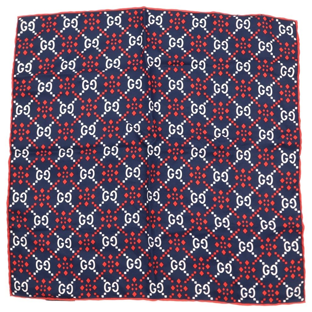 GUCCI (グッチ) GGロゴ総柄 シルク ポケットチーフ ハンカチ ネイビー