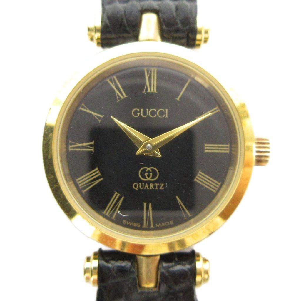 グッチ GUCCI 腕時計 ウォッチ クォーツ レザーベルト 黒文字盤 ゴールド色 ■GY18 /MQ ■OH