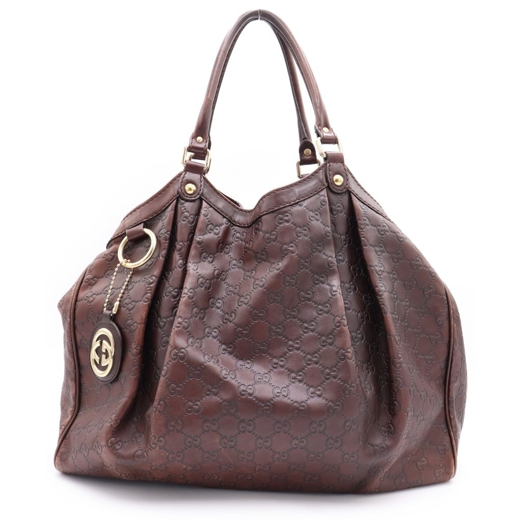GUCCI (グッチ) グッチシマ レザートートバッグ ハンドバッグ ブラウン ゴールド金具