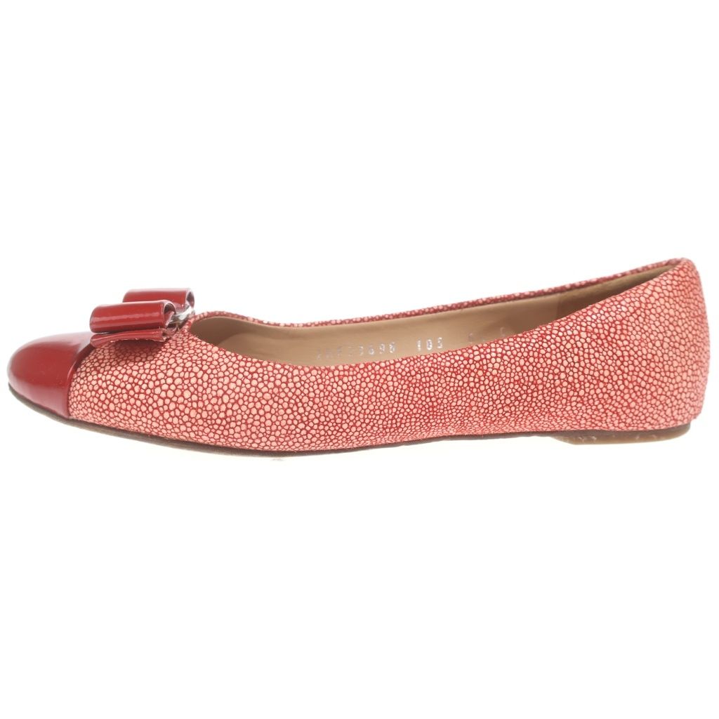 FERRAGAMO (フェラガモ) ヴァラ リボン パテント コンビレザー フラット パンプス シューズ レッド レディース