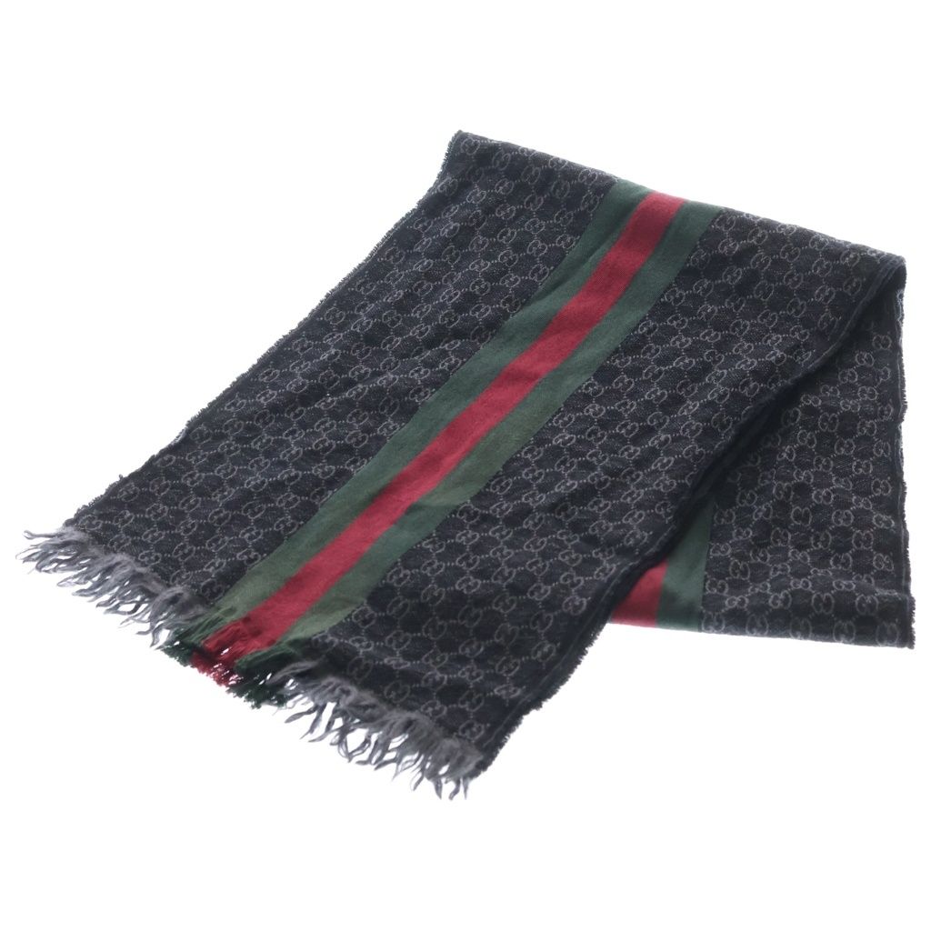 美品 グッチ マフラー シェリーライン シルク混 ウール ブラック ストライプ GUCCI (グッチ) シェリー ライン GG総柄 ジャガード シルク混 ウール