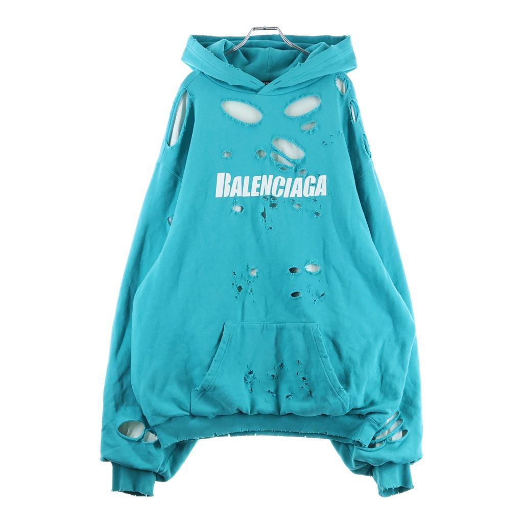 BALENCIAGA (バレンシアガ) 21SS デストロイ加工 ロゴミディアム フリースプルオーバーパーカー ブルー 659403 TKVB6