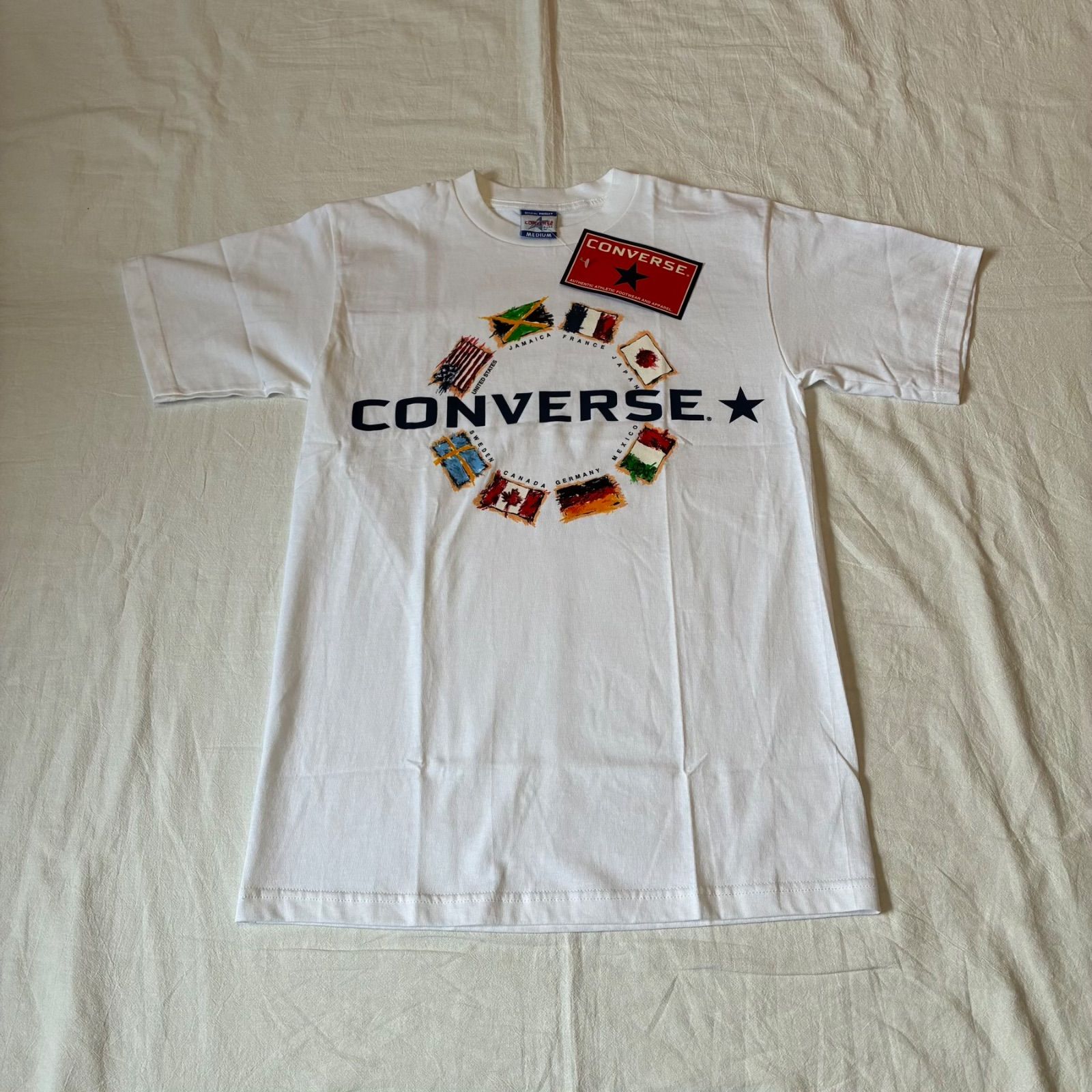 90s CONVERSE コンバース Tシャツ 国旗柄 ホワイト USA製 MEDIUM表記 deadstock