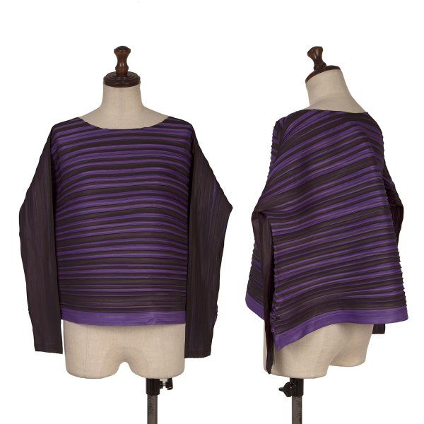 プリーツプリーズPLEATS PLEASE 横プリーツ長袖カットソー 紫黒3