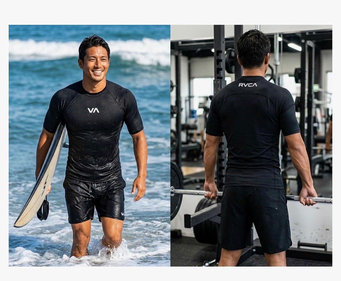 [Fastest Next Day Delivery] RVCA Luca Men's Rush Guard, Lucca Sports, Short Sleeve, Tight-Fit, Quick-Drying Swimsuit, Surf Brand, Weight Training, Fitness, Yoga, Training, BF04A-889-BLK