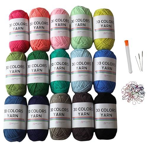 「30 COLORS YARN」 コットン アクリル 毛糸 一玉約50g 120m 15玉大容量セット とじ針、段数マーカーセット 編み物 あみぐるみ モチーフ編み 15色セット(16-30)★m 5905a3bb