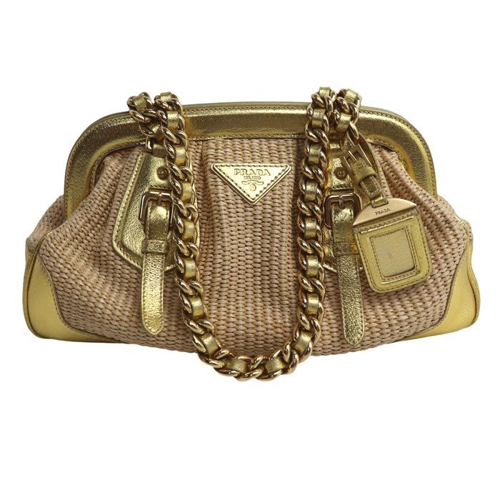 PRADA プラダ ストローバッグ ハンドバッグ ベージュ ゴールド BR3692