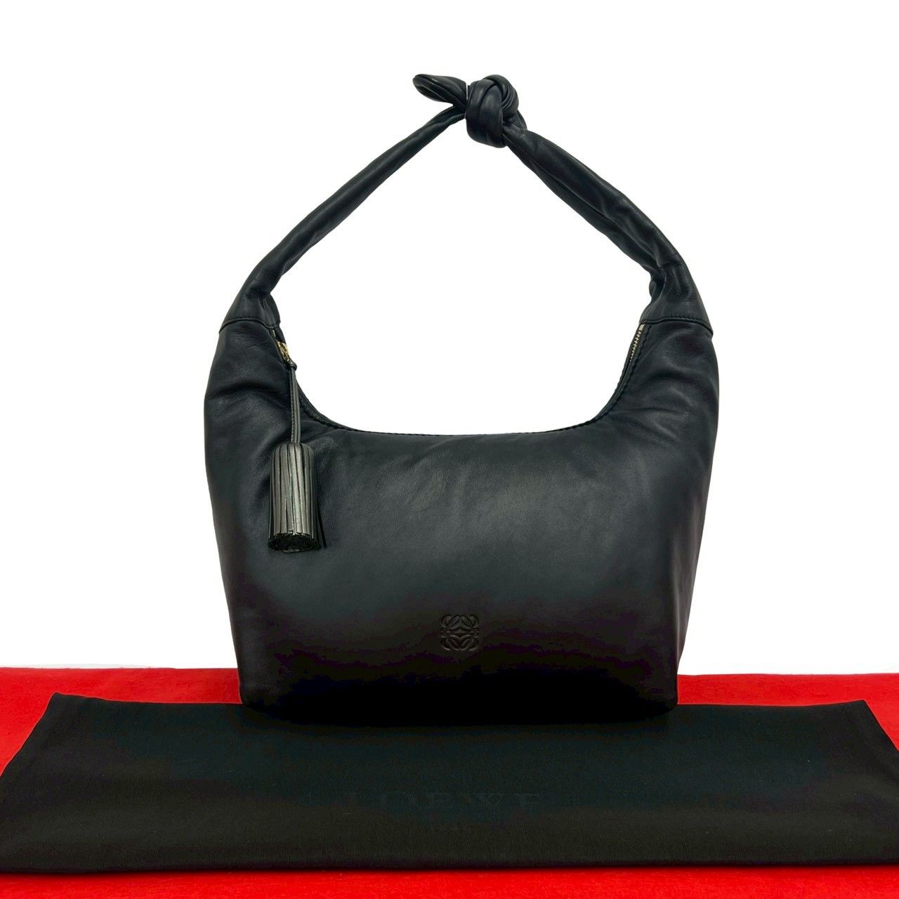 ほぼ未使用品 LOEWE ロエベ アナグラム ロゴ レザー 本革 タッセル セミ ワン ショルダーバッグ ミニ トートバッグ ブラック 51314