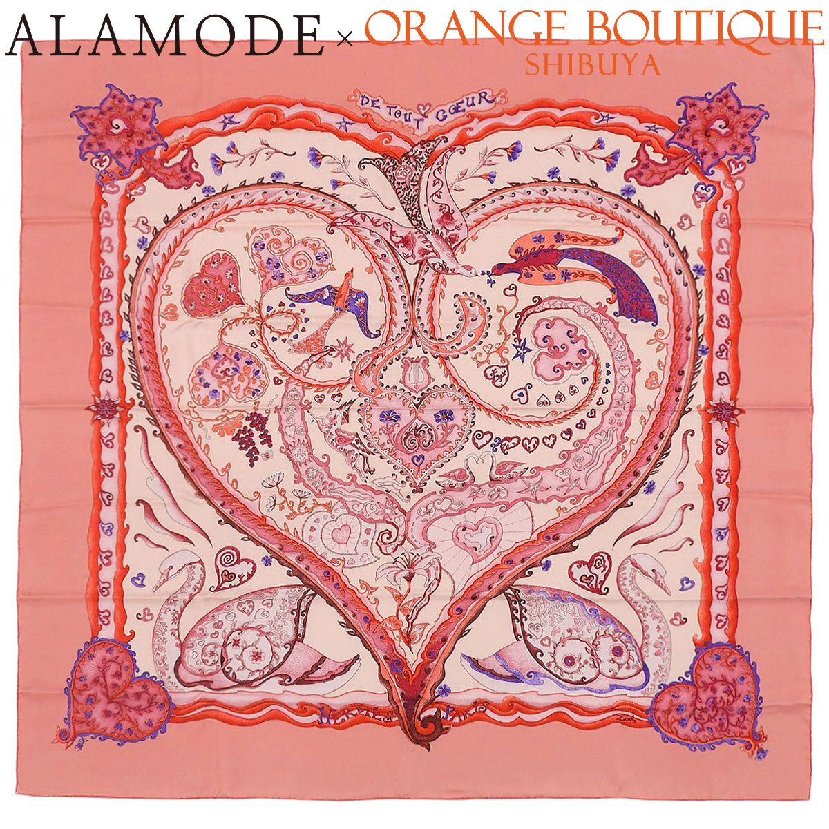 HERMES(エルメス) De Tout Coeur 心を込めて カレ90 ヴュローズ ローズペール ヴァイオレット ピンク パープル紫 シルク スカーフ 大判 ストール ファッション小物 ハート レディース 40802192852【中古】【アラモード】