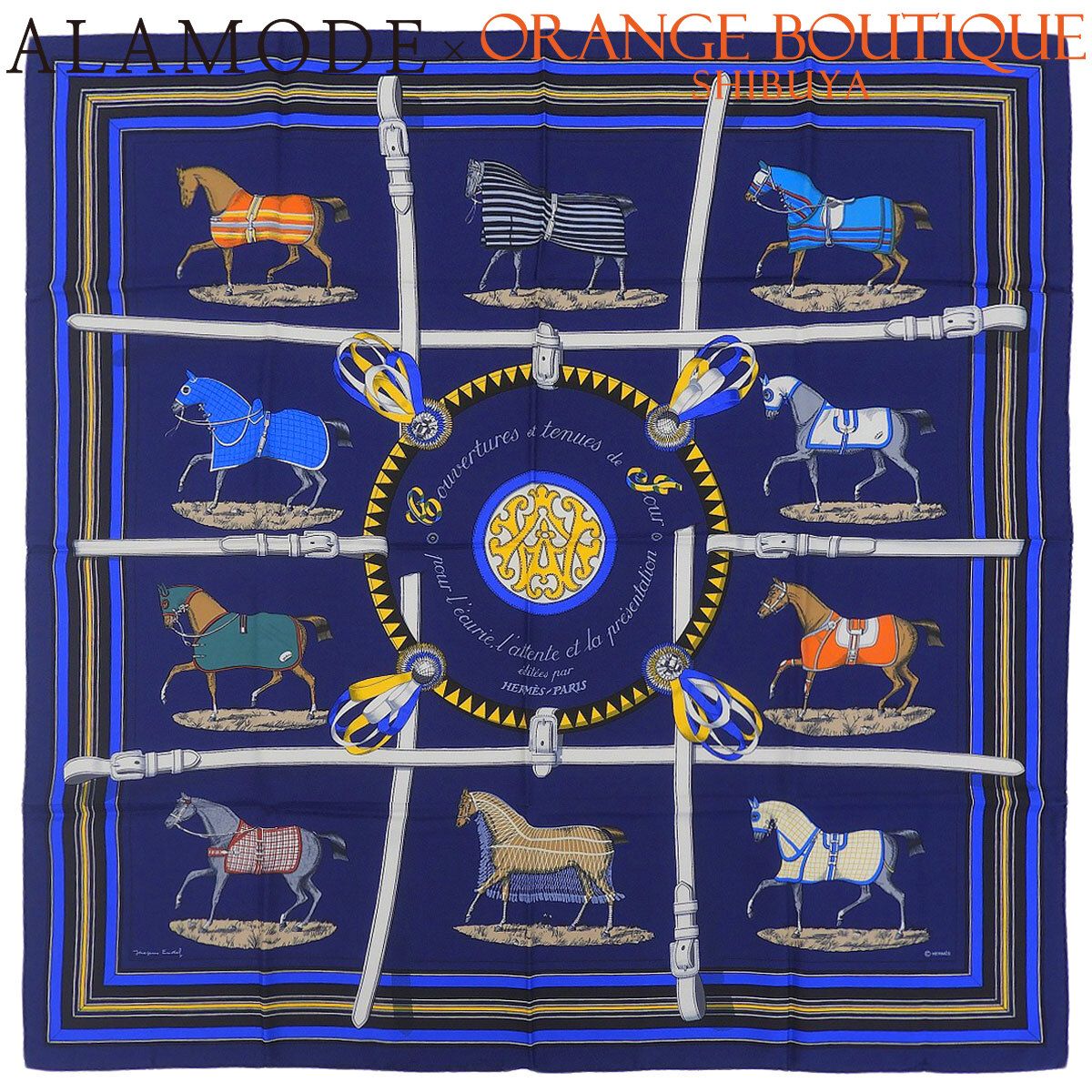 HERMES(エルメス) Couvertures et tenues de Jour 馬着 カレ90 ネイビー紺 ブルー青 シルク スカーフ 大判スカーフ ストール ファッション小物 馬 レディース 40802195434【中古】【アラモード】