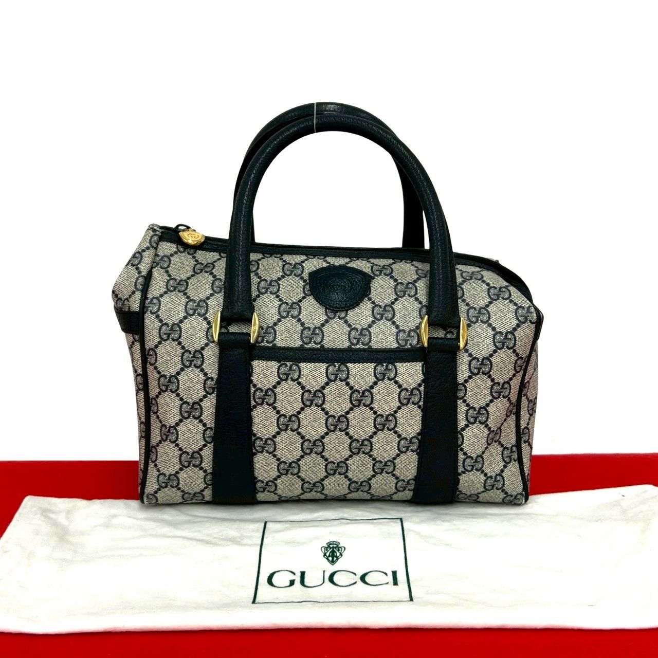 極 美品 袋付き GUCCI グッチ オールドグッチ ヴィンテージ GG ロゴ 柄 レザー 本革 ハンドバッグ ミニ ボストンバッグ ネイビー 44797