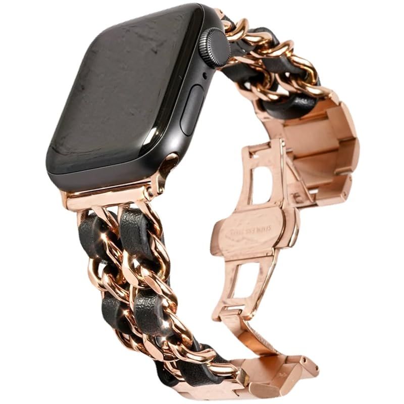 Royce&Roland Apple watch 編み込みバンド バタフライバックル おしゃれ アップルウォッチ 時計 バンド (ステンレス 本革/シルバー) メンズ レディース ギフト プレゼント (40mm 41mm42mm, ピンクゴールド/ブラック)