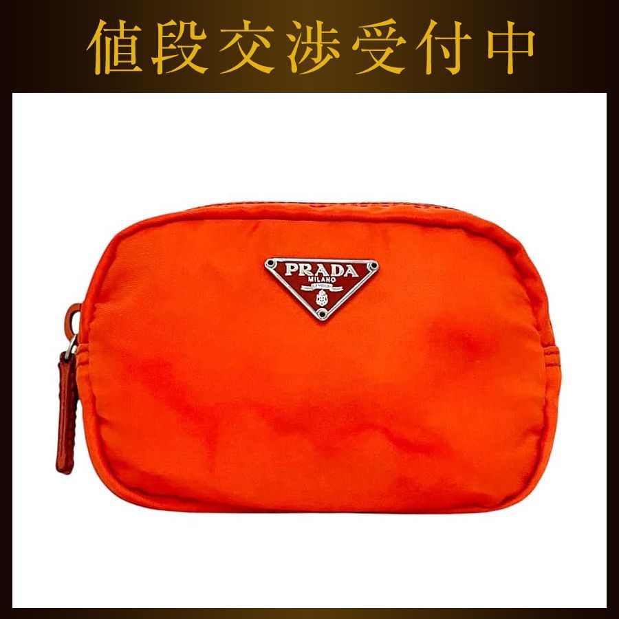 プラダ ミニ ポーチ オレンジ テスート 小物入れ ナイロン 中古 58 PRADA