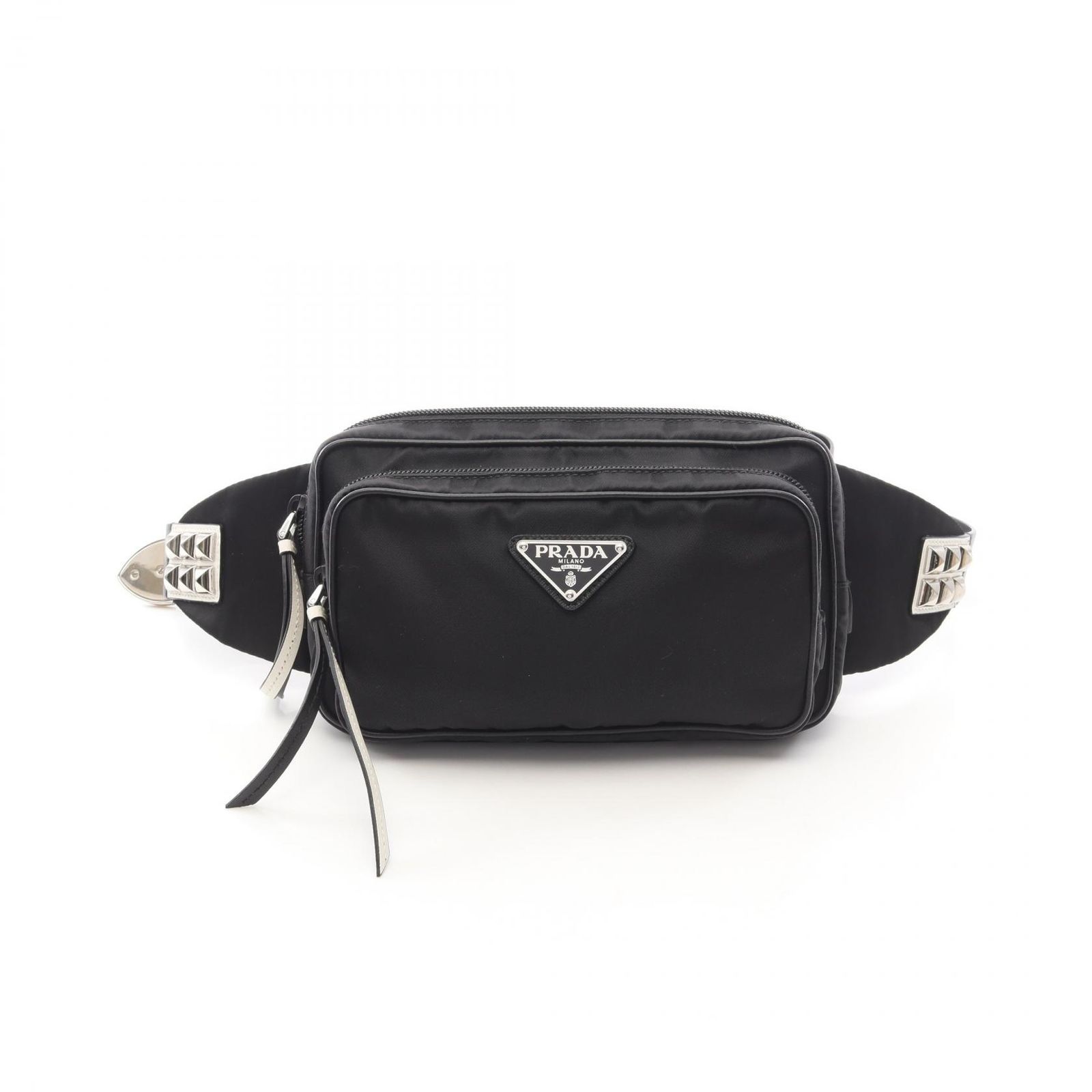 プラダ PRADA ウエストバッグ ボディバッグ トライアングルロゴ スタッズ ブラック ナイロン レザー トライアングルロゴ スタッズ ベルトバッグ レディース