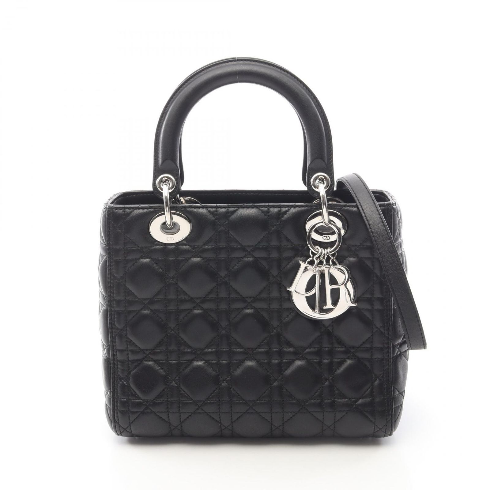 ディオール Dior ハンドバッグ LADY DIOR レディディオール ミディアム 2WAY ブラック レザー レディディオール カナージュ 2wayトート ミディアム レディース Used B