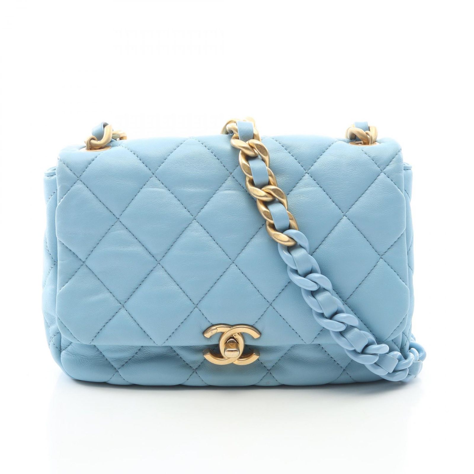 シャネル CHANEL ショルダーバッグ マトラッセ ライトブルー ラムスキン（羊革） マトラッセ スモールフラップ チェーンショルダー レディース Used B