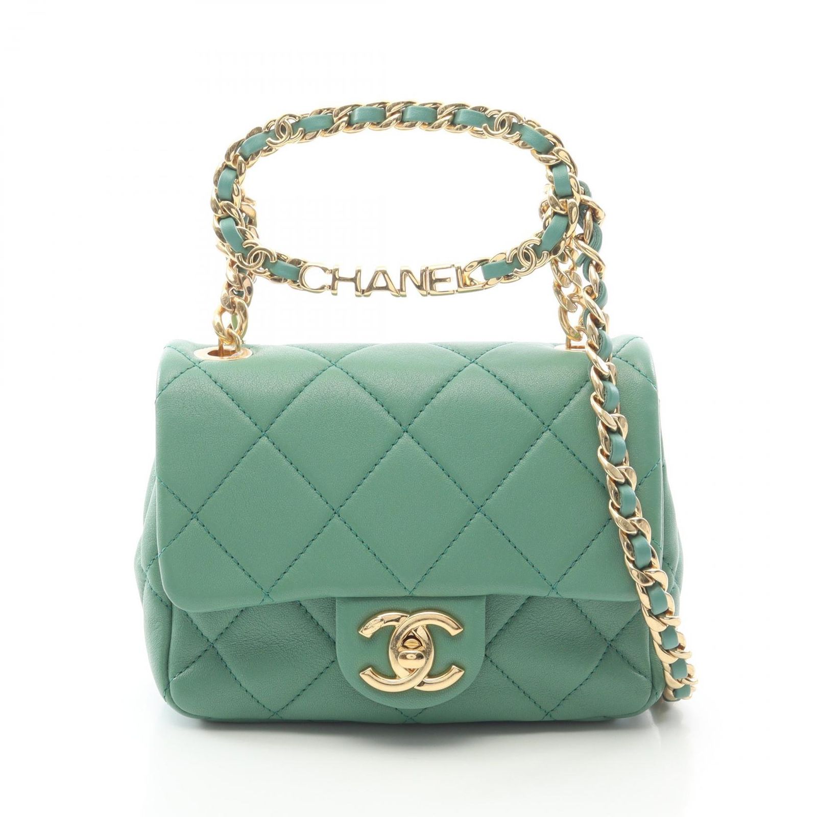 シャネル CHANEL ショルダーバッグ ミニマトラッセ オーバルロゴ トップハンドル 2WAY グリーン ラムスキン（羊革） ミニマトラッセ トップハンドル 2wayチェーンショルダー