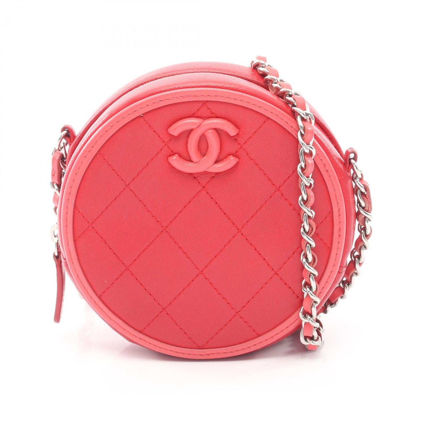 シャネル CHANEL ショルダーバッグ マトラッセ ラウンド レッド ラムスキン（羊革） マトラッセ ラウンド ミニ チェーンショルダー レディース Used A