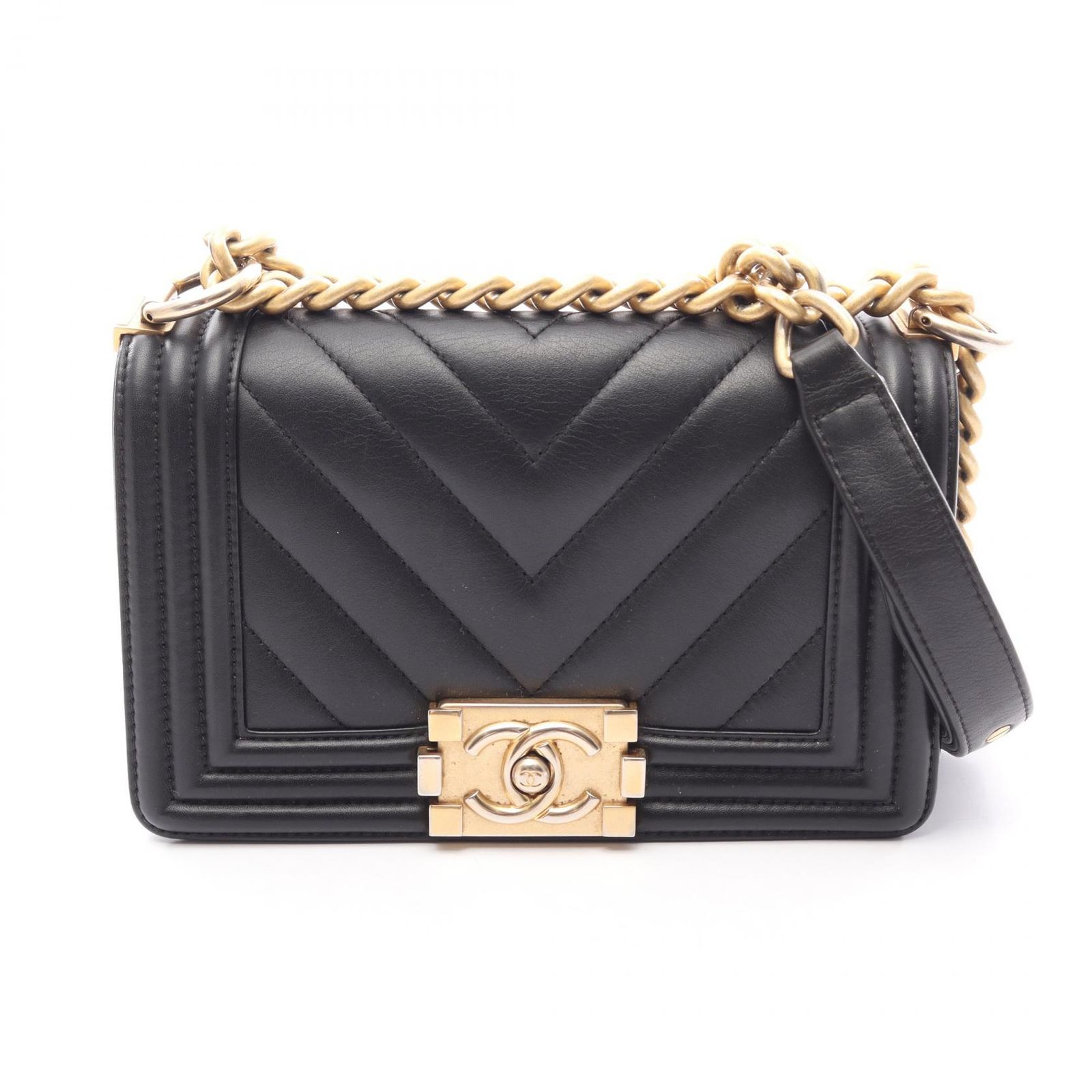 シャネル CHANEL ショルダーバッグ ボーイシャネル スモール シェブロン Vステッチ ブラック ラムスキン（羊革） ボーイシャネル Vステッチ ミニ チェーンショルダー