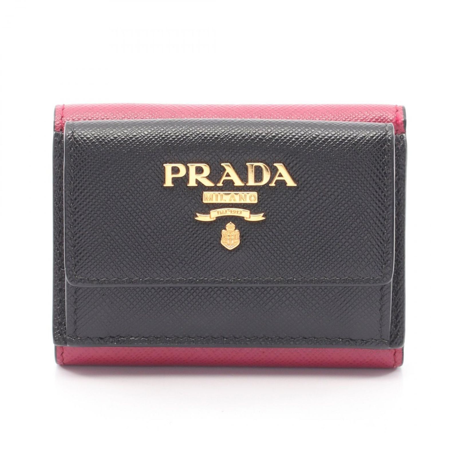 プラダ PRADA 三つ折り財布 コンパクトウォレット マゼンダ/ブラック サフィアーノレザー バイカラー コンパクト ウォレット レディース Used A