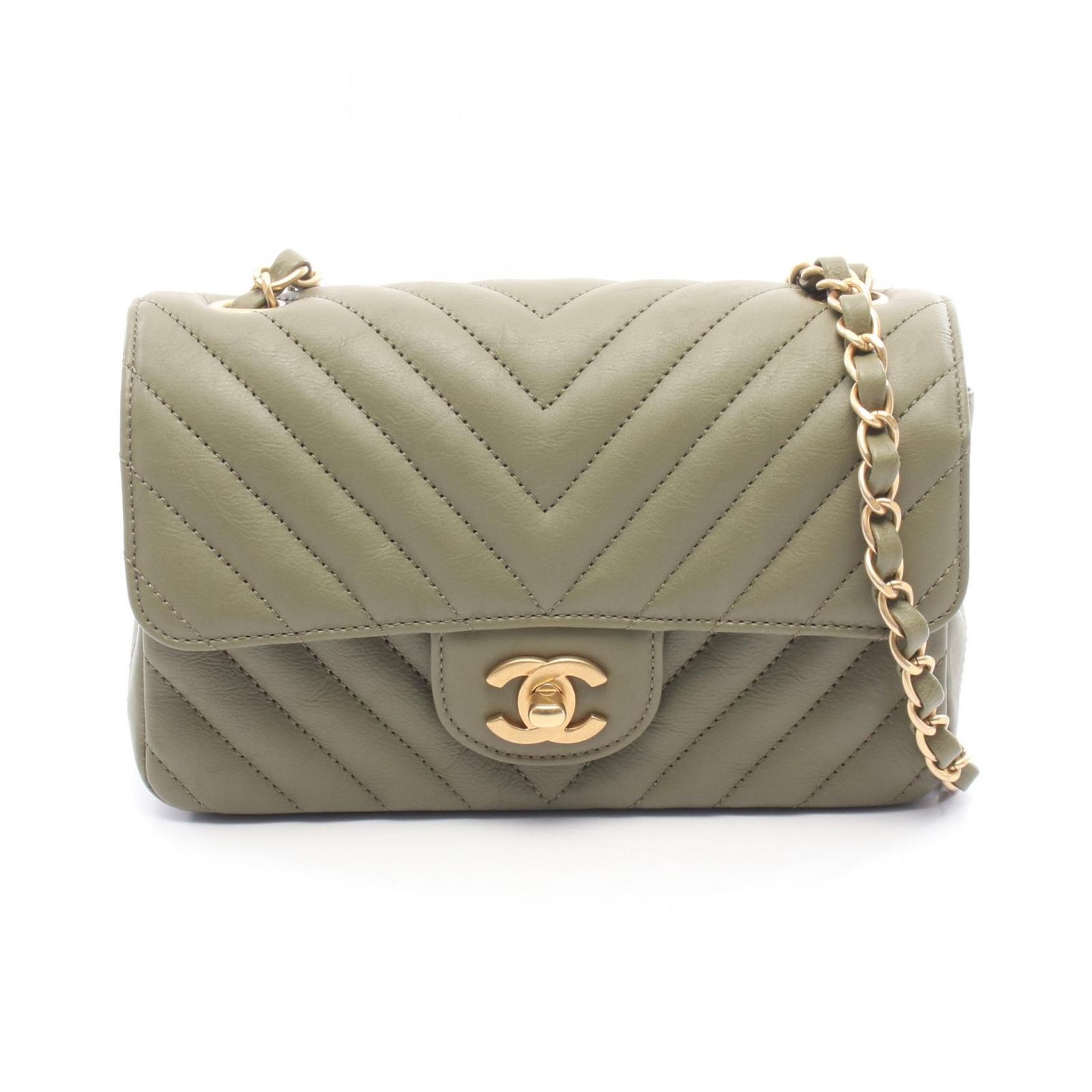 シャネル CHANEL ショルダーバッグ ミニマトラッセ20 オリーブ レザー シェブロン Vステッチ チェーンショルダー レディース Used A