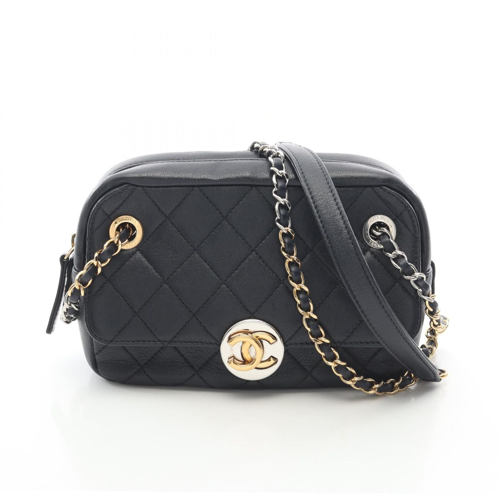 シャネル CHANEL ショルダーバッグ マトラッセ カメラバッグ ネイビー レザー マトラッセ サークルココ チェーンショルダー レディース Used A