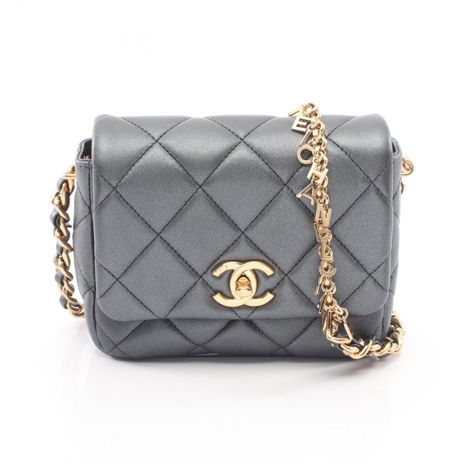 シャネル CHANEL ショルダーバッグ ミニマトラッセ メタリック メタリックグレー ラムスキン（羊革） ミニマトラッセ チェーンショルダー レディース Used A