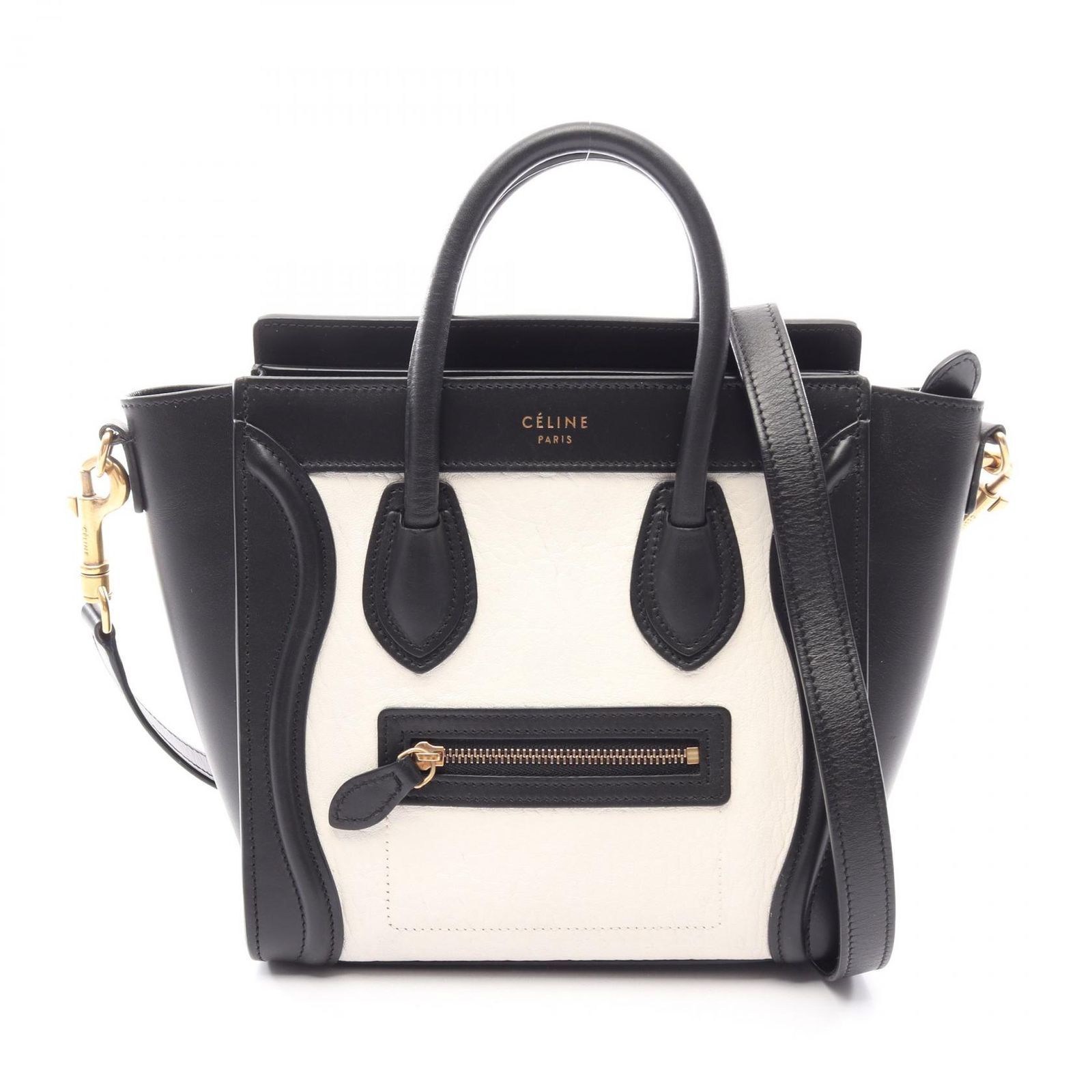 セリーヌ CELINE ハンドバッグ ラゲージ ナノショッパー 2WAY 189243 ブラック/ホワイト レザー ラゲージ ナノ ショッパー レディース Used A