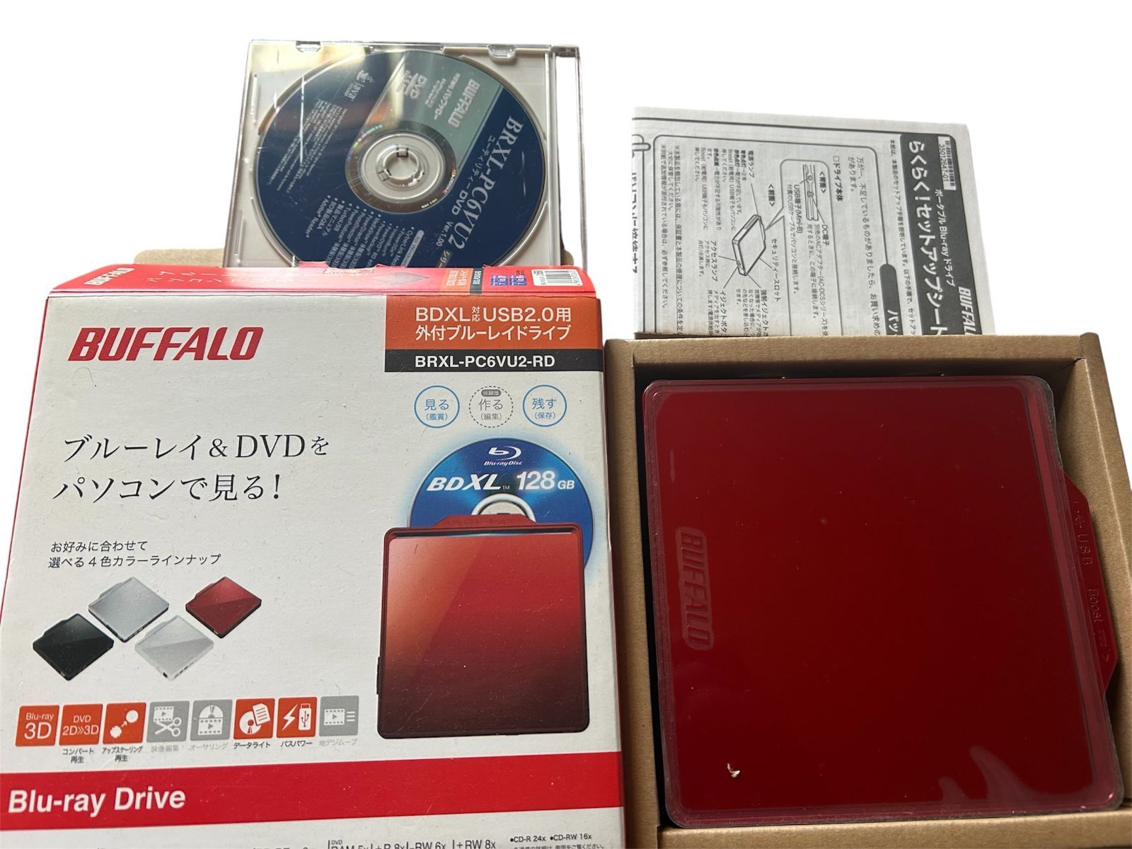 BUFFALO BDXL ポータブルブルーレイ レッド BRXL-PC6VU2-RD 完動品