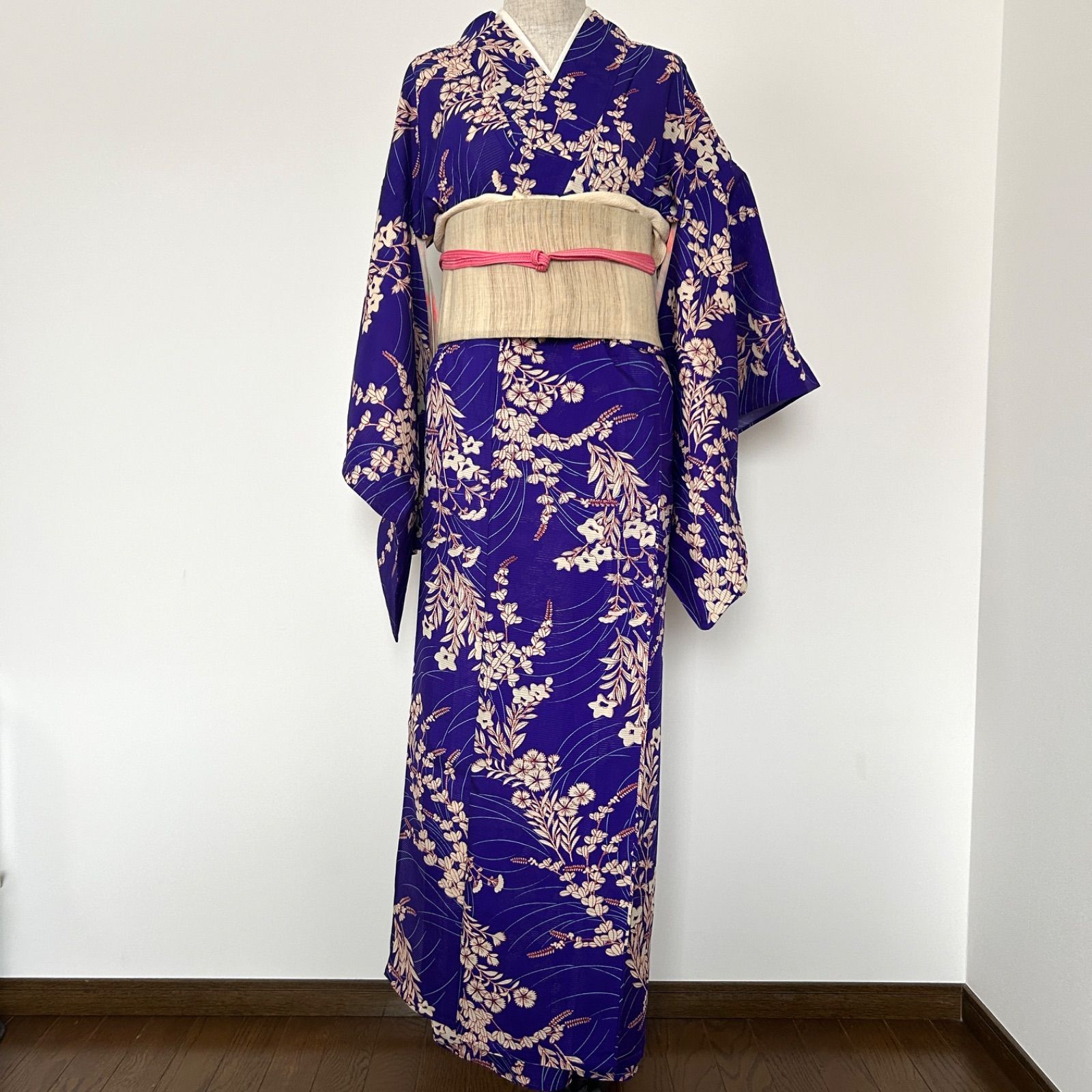 2/アンティーク着物/単衣/身丈151/絽・大正ロマン・紫地に白い草花