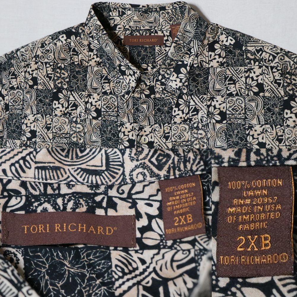 トリリチャード アロハシャツ メンズ 2XB ベージュ黒 美品 TORI RICHARD 90sヴィンテージ ハワイ製 USA製 伝統タパ幾何学総柄 ショート丈オーバーサイズ 半袖 米国購入