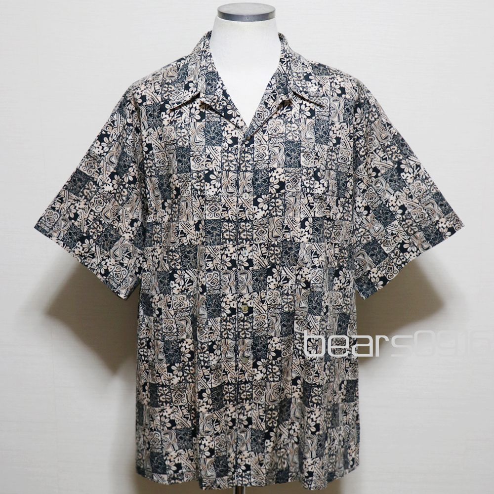 トリリチャード アロハシャツ メンズ 2XB ベージュ黒 美品 TORI RICHARD 90sヴィンテージ ハワイ製 USA製 伝統タパ幾何学総柄 ショート丈オーバーサイズ 半袖 米国購入
