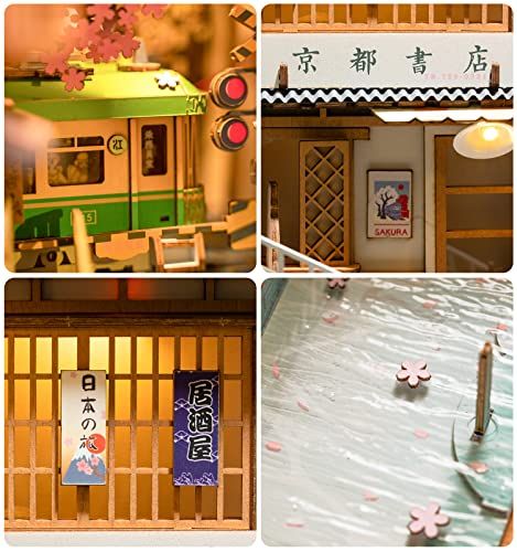Rolife DIY ブックヌック 桜の電車 立体パズル ミニチュアハウスキット ブックエンド 本立て LED 本棚装飾 手作りキット 組み立て 木製パズル ウッドクラフト イラスト説明書付き TGB01 公式販売 大人向け 高学年向け プレ 886007bc