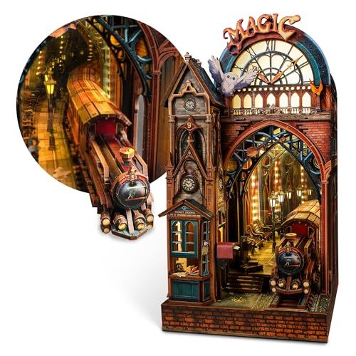 FUNPOLA 木製パズル 3Dパズル 魔法列車 魔法の駅 ブックヌック キット Booknook 木製パズル DIY ミニチュア ドールハウス LEDライト付き 本棚入れ ブックエンド 展示用 クラフトセット 初心者や中学生向け 234ピー cfe4c08f
