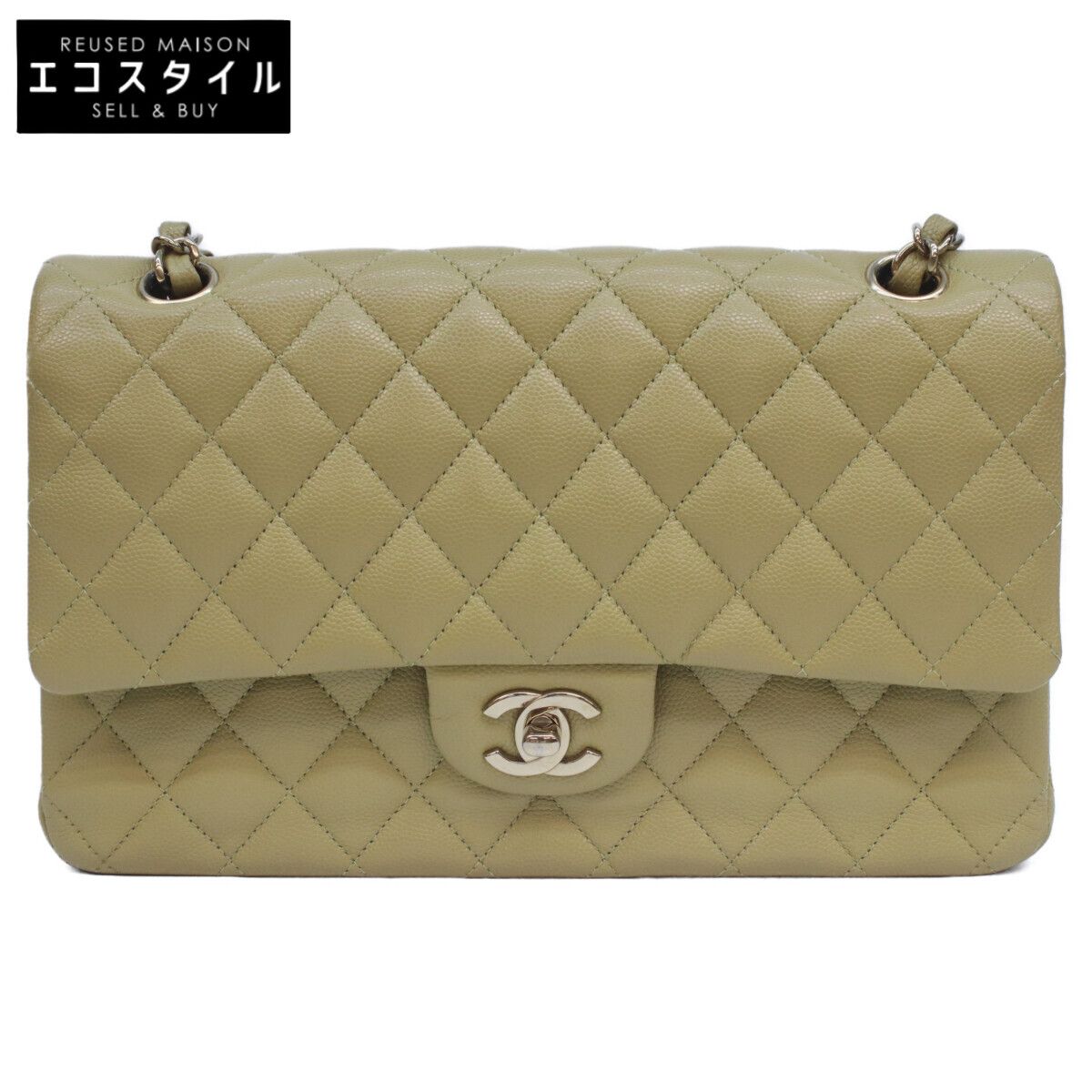 CHANEL シャネル A01112 ピスタチオグリーン キャビア G金具 Wフラップ マトラッセ25