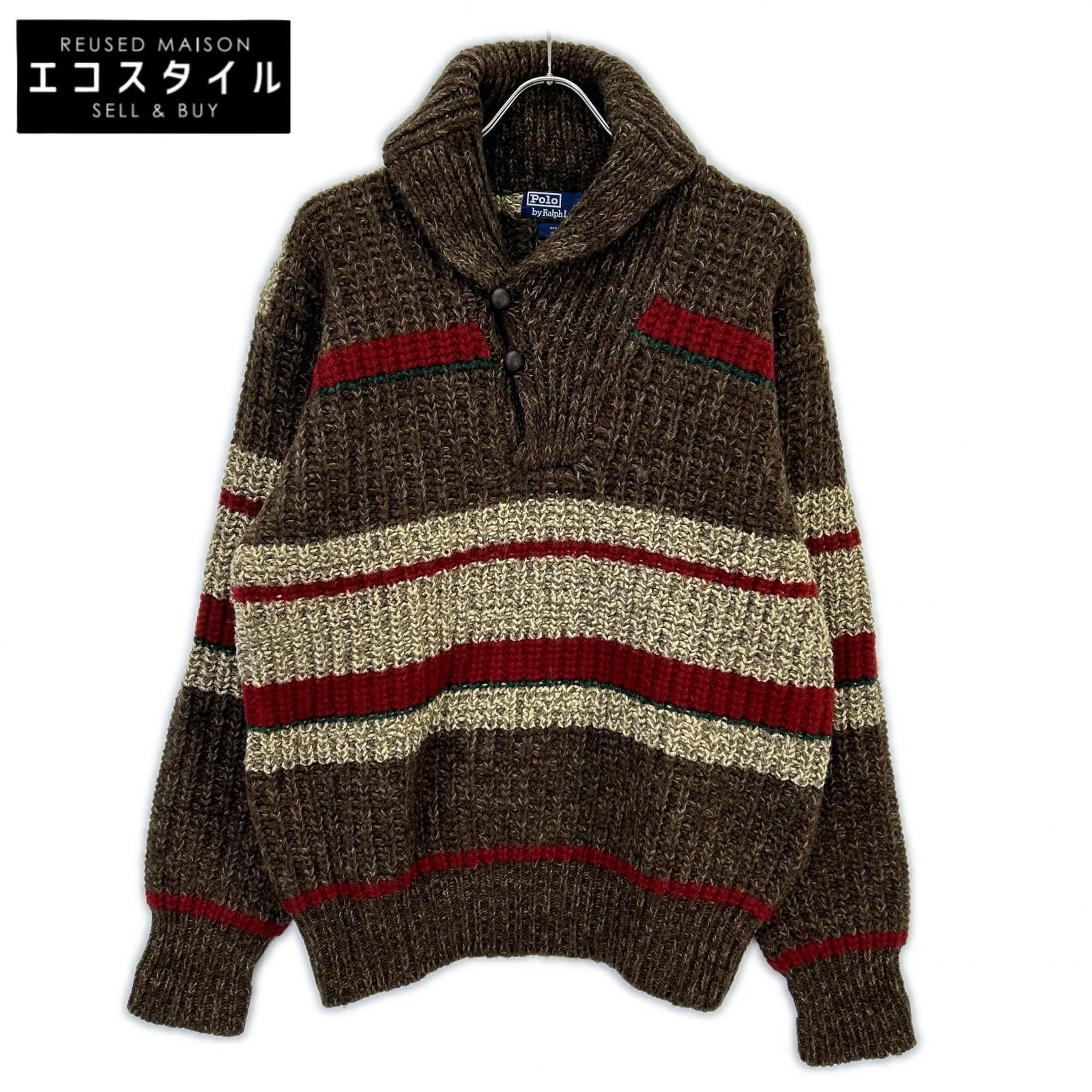POLO RALPH LAUREN　ポロ ラルフローレン　90s ブラウン ウール クルミボタン ショールカラー ニット　L